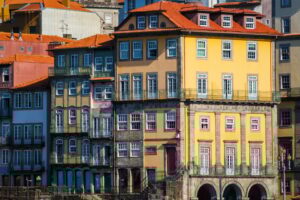 View of Portuguese colorful houses in Porto city, Portugal